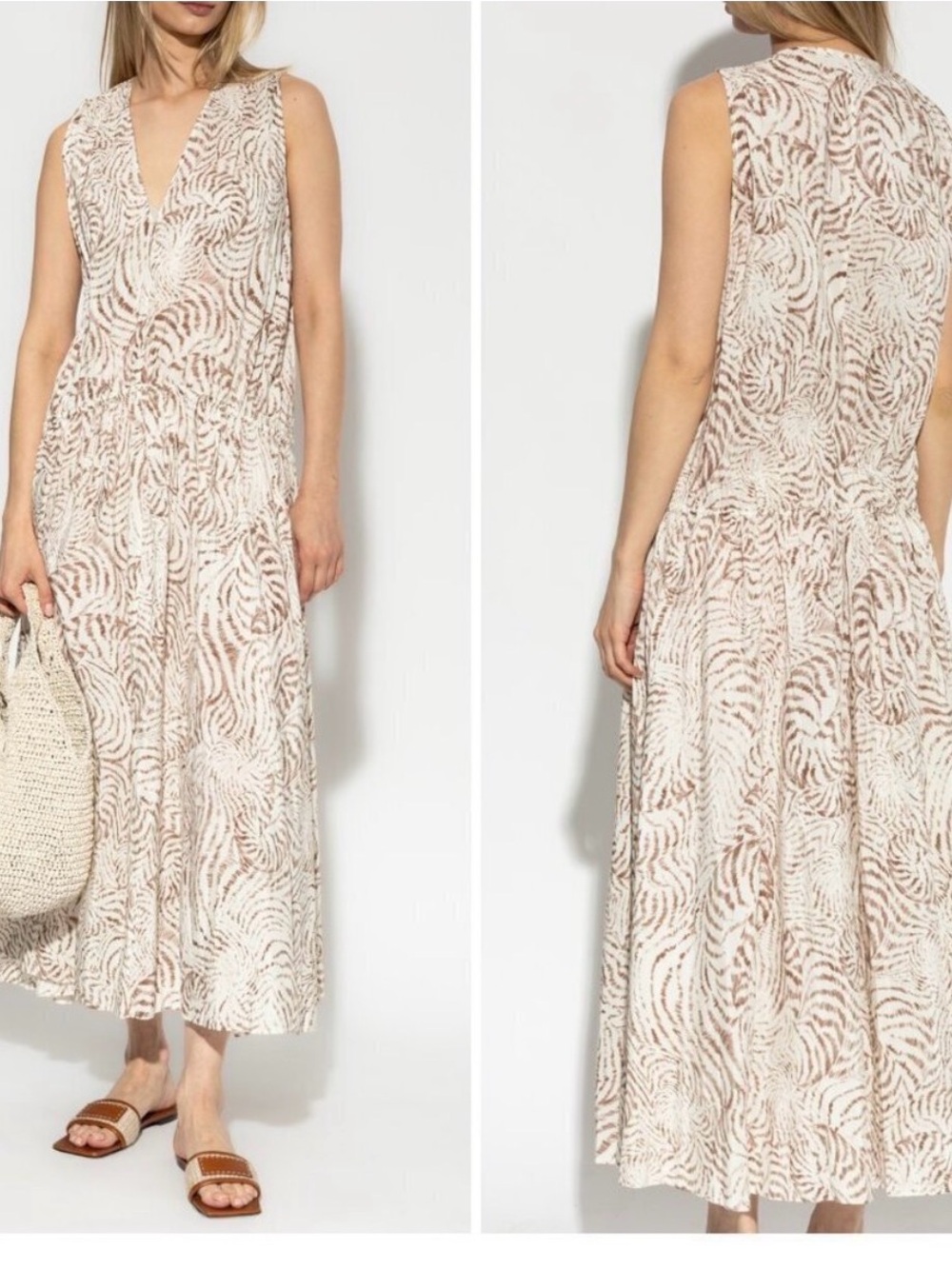 ANINE BING Beige and White Printed V-Neck Maxi Dress SIZE SMALL NWT